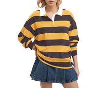 FENXIXIONE Camiseta Polo de Manga Larga a Rayas para Mujer con Cuello Oversized Y2K Pullover Camiseta Casual Holgada Streetwear Rugby Sudadera, amarillo, L