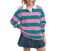 FENXIXIONE Camiseta polo de manga larga a rayas para mujer, cuello grande, estilo Y2K, informal, holgada, para la calle, rugby, Morado (, XL