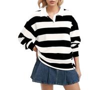 FENXIXIONE Camiseta polo de manga larga a rayas para mujer, cuello grande, estilo Y2K, informal, holgada, para la calle, rugby, Negro, S