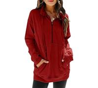 FENXIXIONE Casual Mujer Manga Larga Sudadera Con Media Cremallera Cordón Con Solapa De Gran Tamaño Pullover Tops Con Bolsillos (XL,Borgoña)