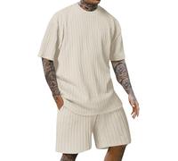 FENXIXIONE Conjunto Corto De Verano Para Hombre De 2 Piezas Con Textura Sólido Moda Casual Outfit Crewneck Loose Chándal Athletic Sports Suit (M,Caqui)