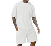 FENXIXIONE Conjunto Corto De Verano Para Hombre De 2 Piezas Con Textura Sólido Moda Casual Outfit Crewneck Loose Chándal Athletic Sports Suit (S,Blanco)