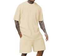 FENXIXIONE Conjunto Corto De Verano Para Hombre De 2 Piezas Con Textura Sólido Moda Casual Outfit Crewneck Loose Chándal Athletic Sports Suit (L,Beige)
