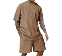 FENXIXIONE Conjunto Corto De Verano Para Hombre De 2 Piezas Con Textura Sólido Moda Casual Outfit Crewneck Loose Chándal Athletic Sports Suit (S,Marrón)