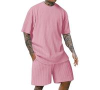 FENXIXIONE Conjunto Corto De Verano Para Hombre De 2 Piezas Con Textura Sólido Moda Casual Outfit Crewneck Loose Chándal Athletic Sports Suit (S,Rosa)