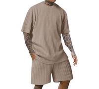 FENXIXIONE Conjunto Corto De Verano Para Hombre De 2 Piezas Con Textura Sólido Moda Casual Outfit Crewneck Loose Chándal Athletic Sports Suit (M,Café)