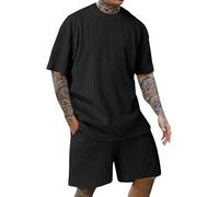 FENXIXIONE Conjunto Corto De Verano Para Hombre De 2 Piezas Con Textura Sólido Moda Casual Outfit Crewneck Loose Chándal Athletic Sports Suit (S,Negro)