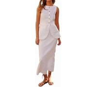 FENXIXIONE Conjunto De Lino 2024 Para Mujer Verano Old Money Top Chaleco Y Boho Sólido Conjunto Maxi Falda Elegante Traje Sin Mangas Para Salir Vacaciones (L,Bianco-b)