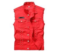 FENXIXIONE Hombres Rock Denim Chaqueta Chaleco - Vintage Sin Mangas Casual Chaleco Jean Remaches Metálicos Moto Chalecos Biker (XL,Rojo)