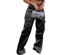FENXIXIONE Mujer Brillante Metalizado Raso Pantalones - Cintura alta Extra Largo Cargo Pantalones Múltiples bolsillos Pierna ancha Pantalón (M,Negro)