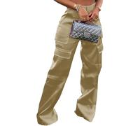 FENXIXIONE Mujer Brillante Metalizado Raso Pantalones - Cintura alta Extra Largo Cargo Pantalones Múltiples bolsillos Pierna ancha Pantalón (L,León)