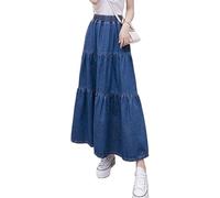 FENXIXIONE Mujer Flare Wrap Ruffle Cintura elástica Jean Falda Una línea Retro Falda elástica Vaquera Plisada Largo Tobillo (M,Azul)
