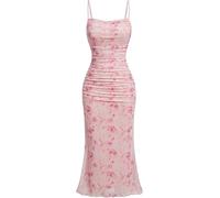 FENXIXIONE Mujer Malla sexy Vestido Midi Floral Ruched Correa de espagueti ajustable Vestido Bodycon Fishtail Cami Vestidos (L,Rosa)