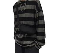 FENXIXIONE Mujer Vintage A Rayas Camisa De Manga Larga Y2k Gótico Harajuku Camiseta Cuello Redondo Chica Estética Tops (XL,Negro)