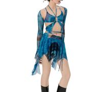 FENXIXIONE Mujer Y2K Volantes Mariposa Conjunto Sexy Sin espalda Shrug Tops y Mini Falda Conjuntos Rave Festival A juego Conjunto de 3 piezas (S,Azul)