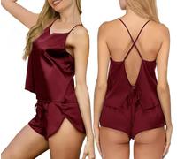 FENXIXIONE Mujeres Conjuntos de pijama de seda S-XL 2 piezas Pijamas de Satén Sexy Lencería Conjunto Cami Shorts Camisola Pijama Ropa de dormir (M,Borgoña)