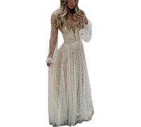 FENXIXIONE Mujeres Lunares Boda Vestidos Manga Larga Encaje Novias Vestidos Boho Visillos Malla Trajes de noche Cóctel Fiesta Maxi Vestido (M,Blanco)