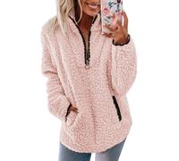 FENXIXIONE Para mujer Vellón Fluffy Sudadera Con cremallera Jersey Jersey Top Casual Manga larga Cuello alto Abrigo con bolsillos (S,Rosa)