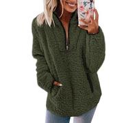FENXIXIONE Para mujer Vellón Fluffy Sudadera Con cremallera Jersey Jersey Top Casual Manga larga Cuello alto Abrigo con bolsillos (S,Verde)