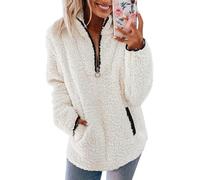 FENXIXIONE Para mujer Vellón Fluffy Sudadera Con cremallera Jersey Jersey Top Casual Manga larga Cuello alto Abrigo con bolsillos (S,Blanco)