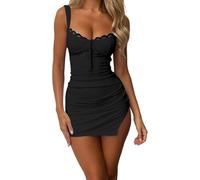 FENXIXIONE Sexy corte bajo Bodycon Mini Vestido para Mujer Encaje sin espalda Cami Vestido Corto Ruched Slit Cóctel Vestido de fiesta (S,Negro)
