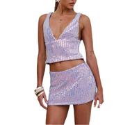 FENXIXIONE Trajes de dos piezas para mujer Tops sin mangas con lentejuelas brillantes Conjuntos de minifalda ceñida sexy Y2K Clubwear (Violeta,l)