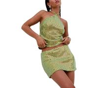 FENXIXIONE Trajes de dos piezas para mujer Tops sin mangas con lentejuelas brillantes Conjuntos de minifalda ceñida sexy Y2K Clubwear (Verde,s)