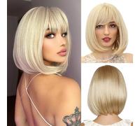 FENYW Peluca corta Bob de 30 cm con flequillo, peluca rubia degradada para mujer, peluca corta y recta para mujer, peluca recta corta y encantadora Bob, pelucas de pelo sintético para carnaval