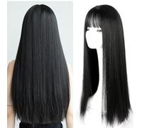 FENYW Pelucas Negras Largas para Mujeres 72cm Pelucas Largas de Pelo Liso Sintético con Flequillo, Peluca Larga Negra Recta Resistente Fibra Sintética Resistente al Calor para cosplay fiesta