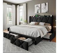 Feonase Marco de cama Queen con 4 cajones de almacenamiento, cama de plataforma tapizada con estación de carga, cabecero de almacenamiento con respaldo alado, soporte de listones de madera, no