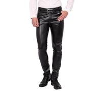 FEOYA - Pantalón de corte delgado de piel sintética para hombre, pantalón de lápiz elástico elástico para moto Biker Dance Mostrar pantalones casuales finos, mediados de cintura, color sólido, verano