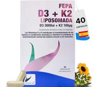 FEPA Vitamina D3 + K2 Liposomada - Complemento Alimenticio para Huesos, Músculos y Sistema Inmunitario - Cápsulas de Alta Absorción - 40 Cápsulas - Fepadiet