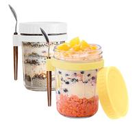 FePen Overnight Oats Jars, 2 Piezas 350ML Frascos de Vidrio con Tapa, Porta Yogur, Taza de Cereales para Llevar, Tarros de Avena Nocturna con Tapas y Cuchara,Vaso Portátil de Yogurt