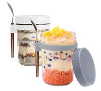 FePen Overnight Oats Jars, 2 Piezas 350ML Frascos de Vidrio con Tapa, Porta Yogur, Taza de Cereales para Llevar, Tarros de Avena Nocturna con Tapas y Cuchara,Vaso Portátil de Yogurt