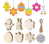 FEPITO 120Pcs Etiqueta de Pascua de madera Huevo de madera inacabado Huevo Conejo Polluelo Tulip Notch Etiqueta de regalo de madera con cuerda DIY Manualidades de Pascua para niños