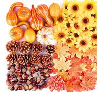 FEPITO 156 Piezas de Otoño Acción de Gracias Decoraciones, Mini Artificial Calabazas, los Conos del Pino, Caen Las Hojas, bellotas, Sun Flores y Bayas Rojas en Fuentes de otoño Partido Partido
