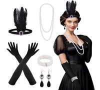 FEPITO 1920s Set de accesorios Flapper Headband Collar Pendientes Guantes negros largos Soporte Medias de rejilla Grandes accesorios Gatsby para mujeres Women (Set B)