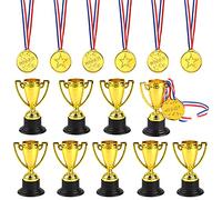 FEPITO 30 Piezas de trofeos de medallas Set 10 Piezas de Trofeo de plástico de Oro y 20 Piezas de medallas ganadoras para Kid Party Sports Awards