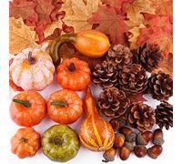 FEPITO 56 Piezas de Otoño donde Caen Las Hojas, Mini Calabazas Artificiales con los Conos del Pino, Bellotas para la fiesta, Kit con Suministros para Decoraciones de Acción de Gracias