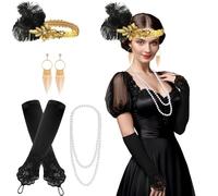 FEPITO 7 piezas 1920s Flapper Great Gatsby Accesorios Set Fashion Roaring 20's Theme Set con diadema Tocado Guantes negros largos Collar Pendientes para mujer (Set A)