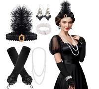 FEPITO 8 piezas 1920s Flapper Great Gatsby Accesorios Set Fashion Roaring 20's Theme Set con diadema Tocado Guantes negros largos Collar Pendientes para mujer (Set E)