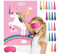 FEPITO Pin The Horn on The Unicorn Juego de Fiesta de cumpleaños con 24 Cuernos para Decoraciones de Fiesta de Unicornio, Suministros de Fiesta de cumpleaños de Unicornio para niños (Rosa)