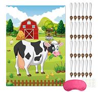 FEPITO Pin The Tail en el Juego de Fiesta de Cumpleaños de la Vaca con 24 Piezas de Colas para Decoraciones de Fiesta de Granja, Decoraciones de Fiesta de Cumpleaños para Niños