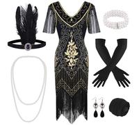 FEPITO Vestido con Flecos y Lentejuelas con Cuello en V de los años 20 y Accesorios de los años 20 (Estilo 7
