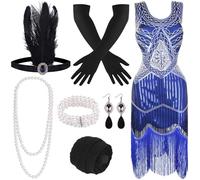 FEPITO Vestidos Estilo Flapper de los años 20 para Mujer, Vestido Estilo Gran Gatsby con Lentejuelas y Flecos para Mujer con Accesorios de los años 20, Disfraces de los Locos años 20(Azul,Large)