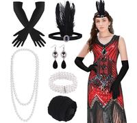 FEPITO Vestidos estilo flapper de los años 20 para mujer, vestido estilo Gran Gatsby con lentejuelas y flecos para mujer con accesorios de los años 20(Rojo (estilo 4),Small)