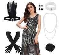 FEPITO Vestidos Estilo Flapper de los años 20 para Mujer, Vestido Estilo Gran Gatsby con Lentejuelas y Flecos para Mujer con Accesorios de los años 20(Oro Negro Puro,Medium)