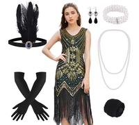 FEPITO Vestidos estilo flapper de los años 20 para mujer, vestido estilo Gran Gatsby con lentejuelas y flecos para mujer con accesorios de los años 20 (verde(estilo 3),Medium)