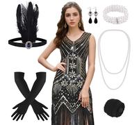 FEPITO Vestidos estilo flapper de los años 20 para mujer, vestido estilo Gran Gatsby con lentejuelas y flecos para mujer con accesorios de los años 20(Negro y dorado (estilo 2),Medium)