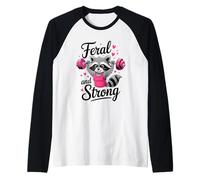 Feral and Strong Breast Cancer Awareness Gym Raccoon Camiseta Manga Raglan